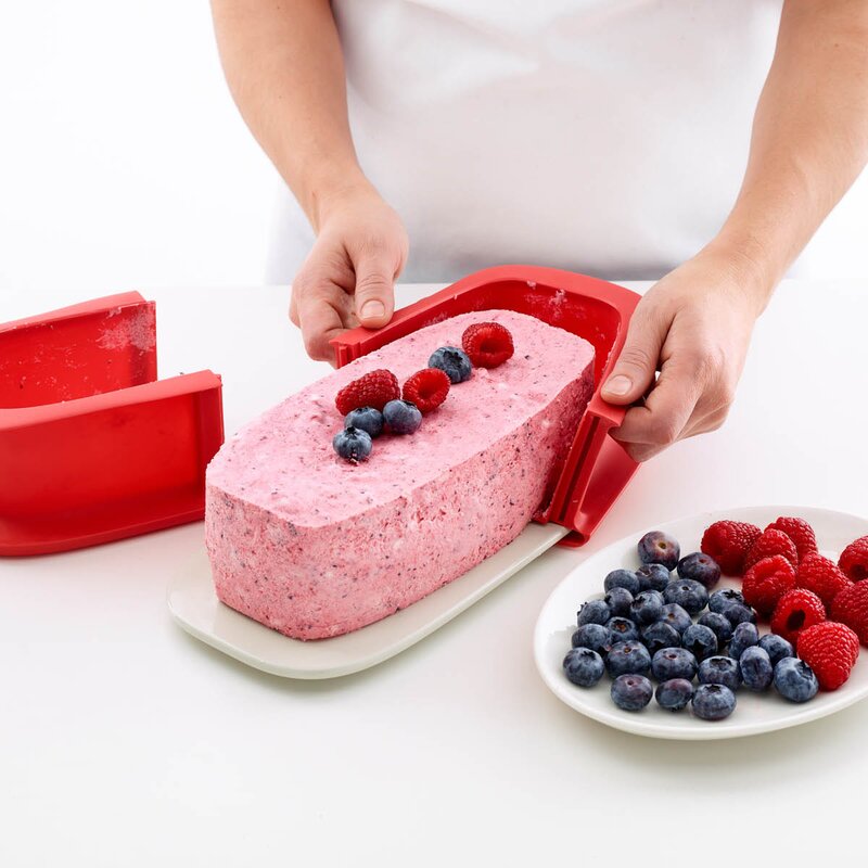 Lékué Springform rektangulær i silikon med fat 1,2 L rød/hvit