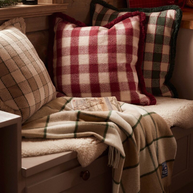 Lexington Rutete ullpledd 130x170 cm beige/lysbeige/grønn