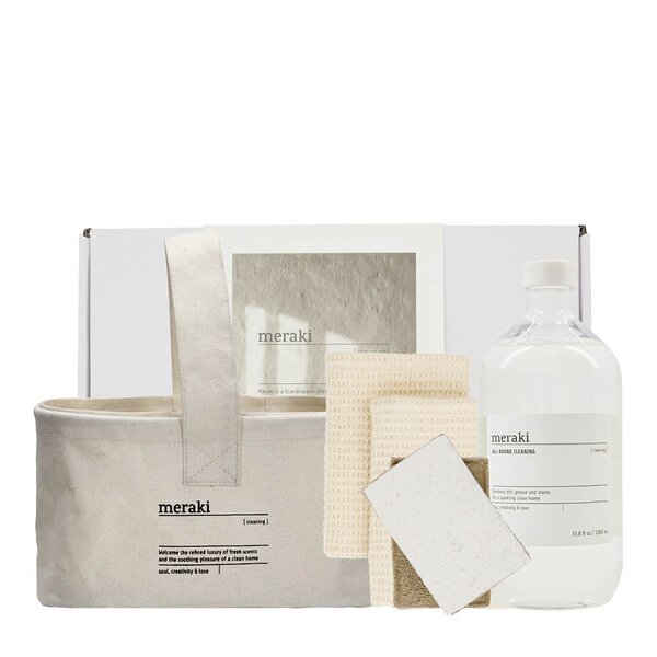 Meraki Gavesett rengjøringskit med kurv,oppvaskklut, svamp og rengjøringsåpe grå