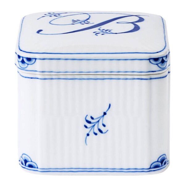 Royal Copenhagen Alphabet Collection firkantet bonbonniere B 13 cl blå/hvit