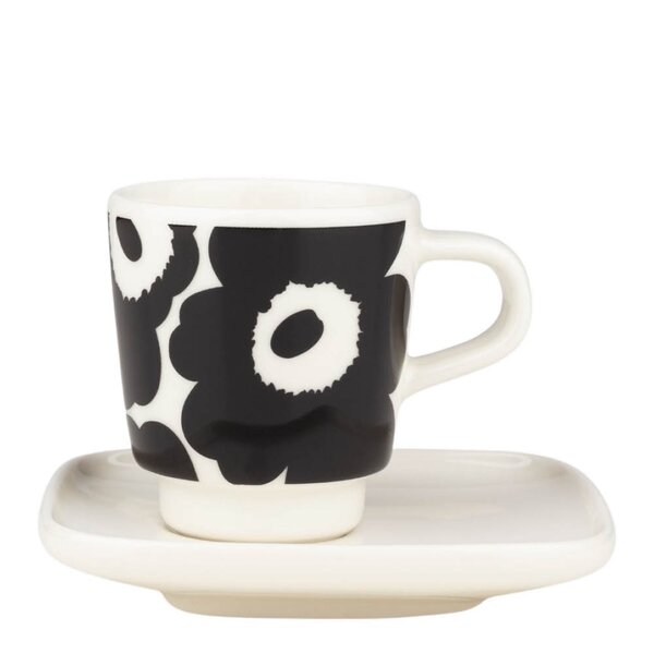 Marimekko Oiva Unikko espressokopp 5 cl med fat svart/hvit