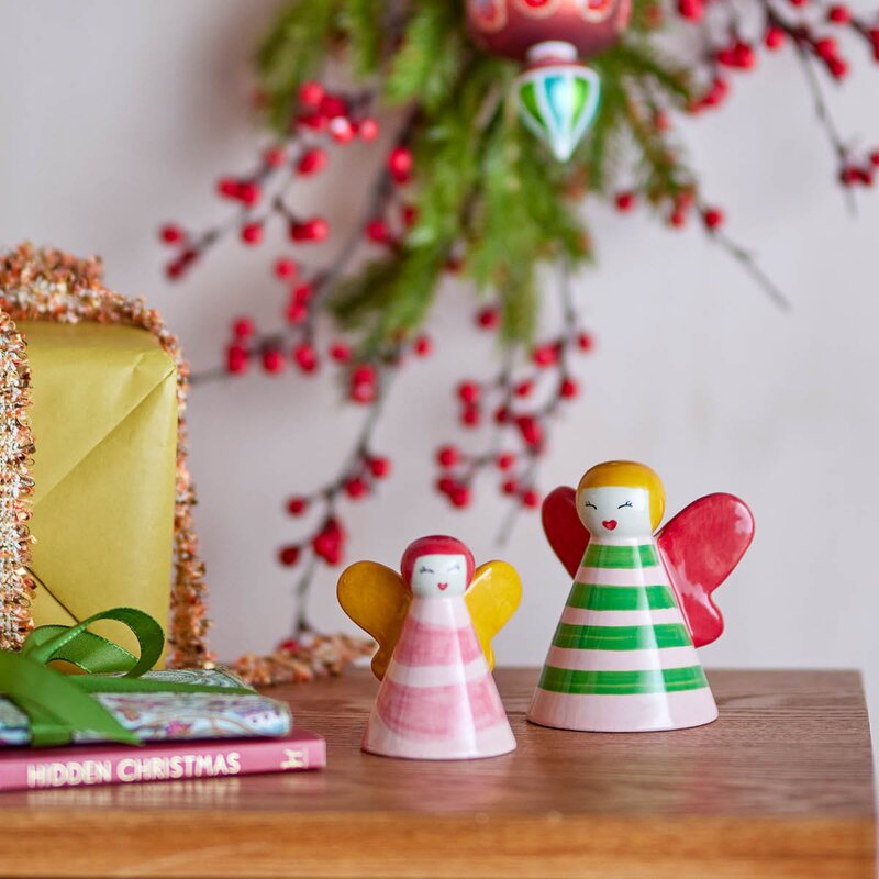 Bloomingville Caramella engel i steingods 2 stk 8/10 cm rosa/gul