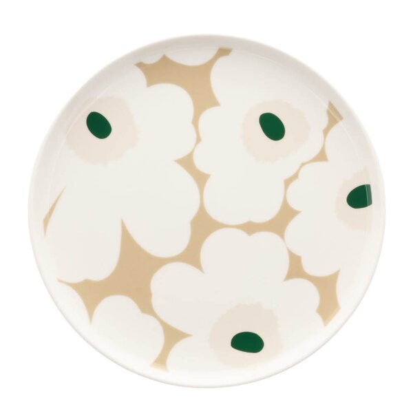 Marimekko Oiva Unikko tallerken 20 cm hvit/beige/grønn