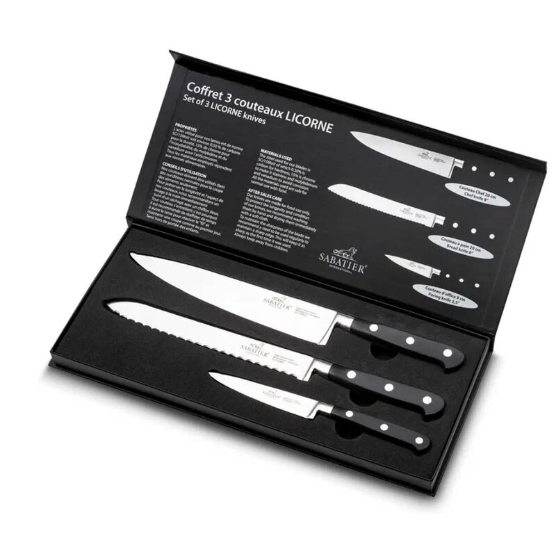 Lion Sabatier Licorne knivsett 3 deler stål/svart