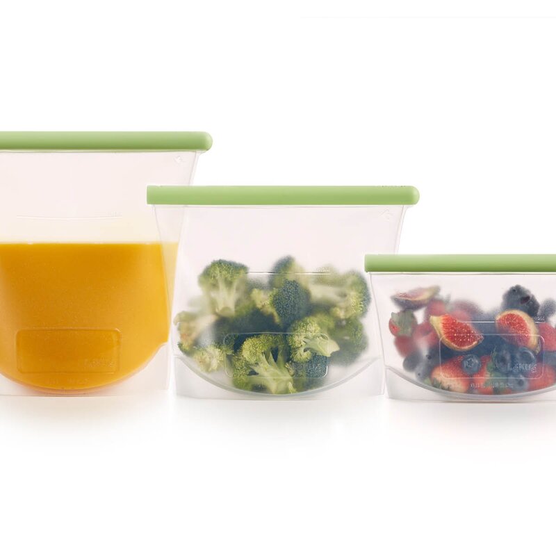 Lékué Gjenbrukbart silikonposesett 3 deler 0,5/1/1,5 L grønn