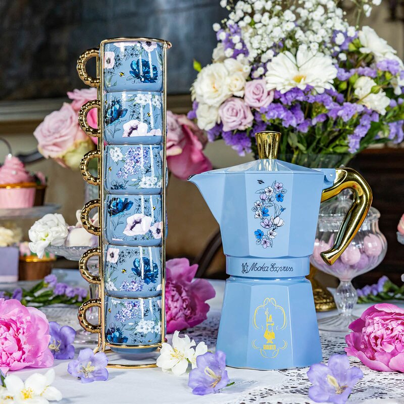 Bialetti Bridgerton espressokopp 6 cl 6 stk med stativ blå/gull