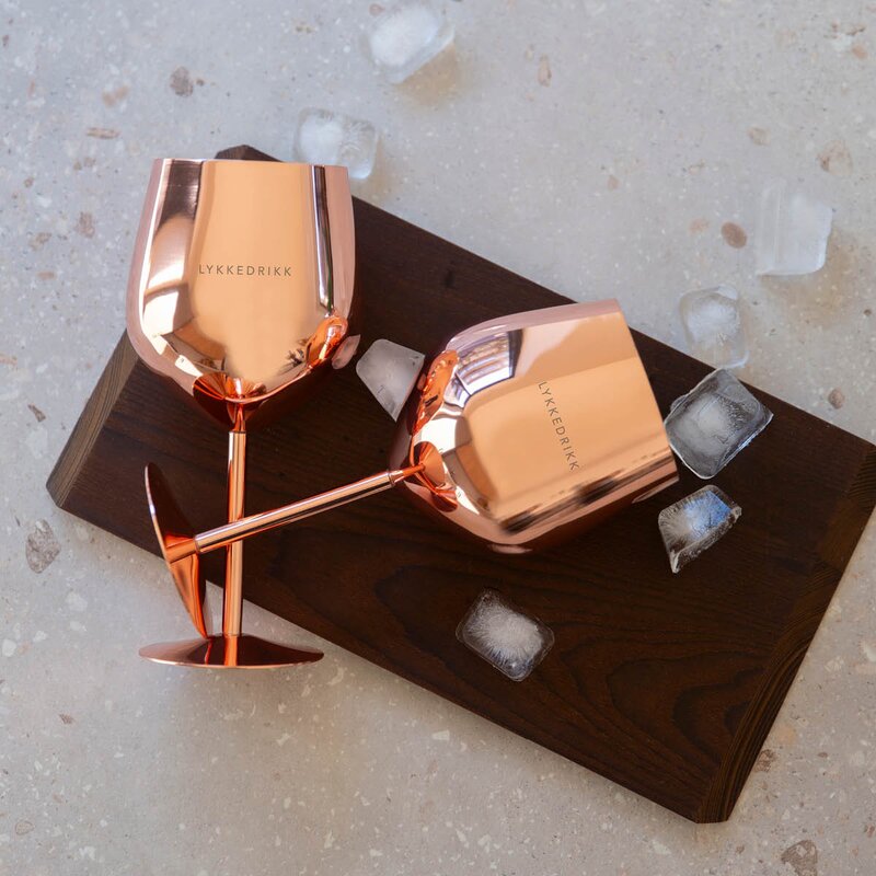 Pictureit Vinglass stål LYKKEDRIKK 45 cl 2 stk roségull