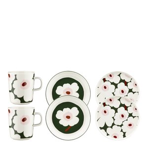 Marimekko Unikko middagssett 6 deler hvit/mørk grønn/rosa