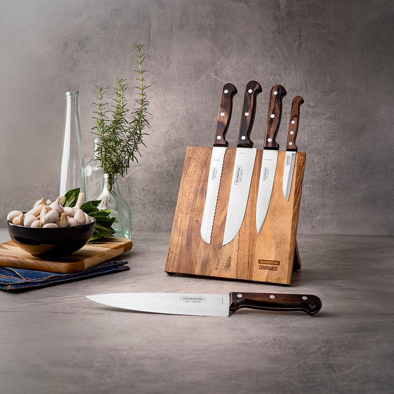 Tramontina Churrasco knivsett m/magnetisk knivblokk 6 deler akasie/polywood