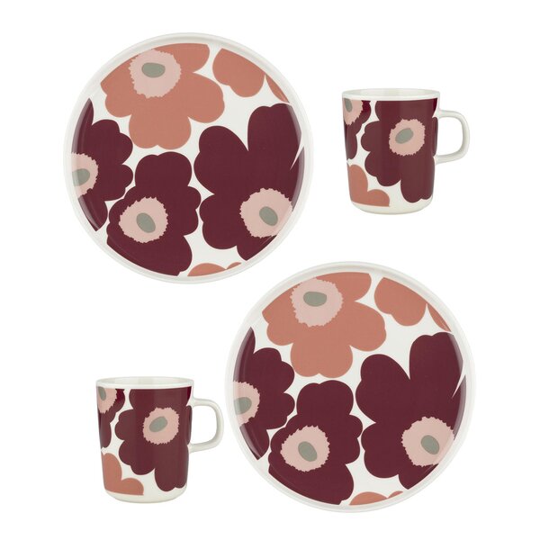 Marimekko Unikko frokostsett 4 deler 25 cl hvit/mørk kirsebær/lakserød