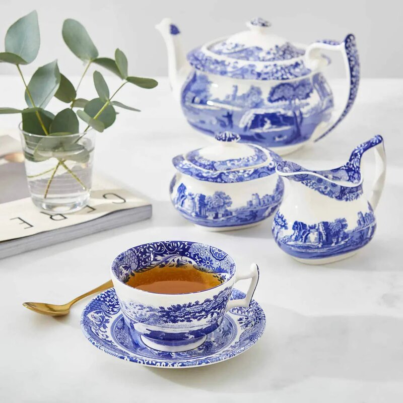 Spode Blue Italian tekopp med fat 20 cl blå/hvit
