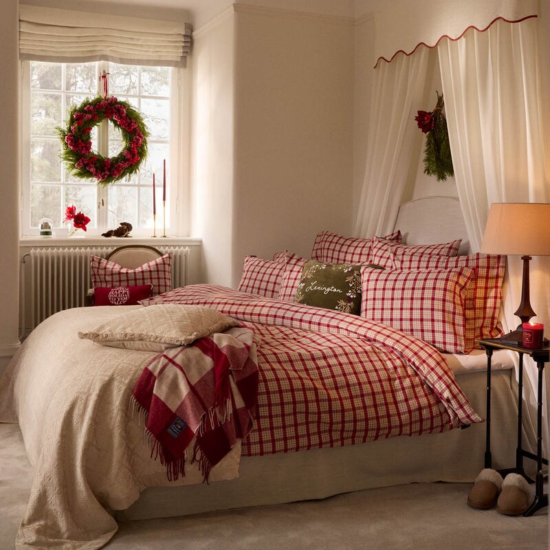 Lexington Sengesett flanell 140x220 cm rutete rød/beige