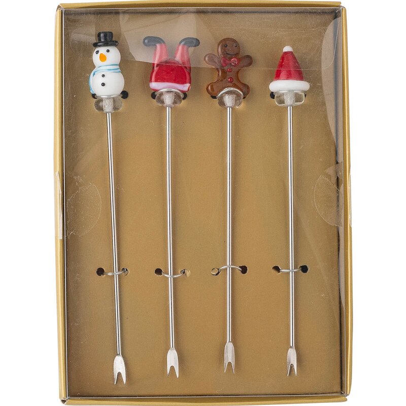 Bloomingville Feliz Cocktailgaffel i glass 4 stk 12 cm julemotiv