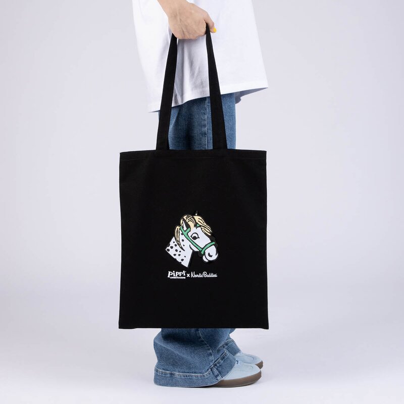 Nordicbuddies Pippi handlenett 38,5x42 cm Pippi hest svart
