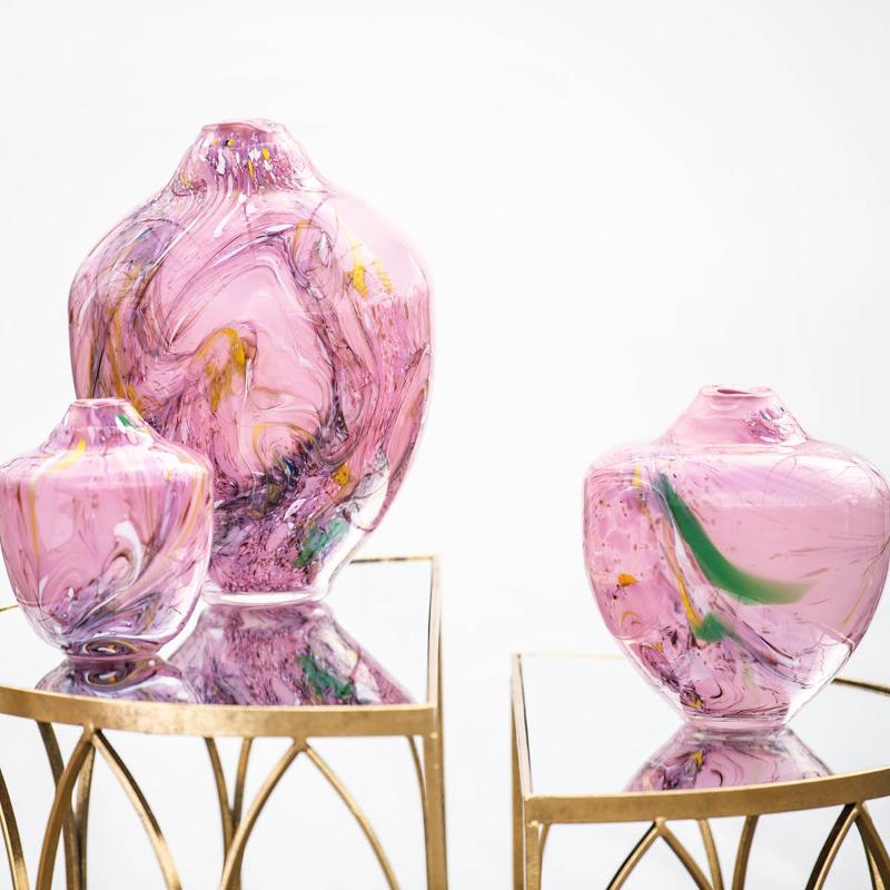 Magnor Unik skulptur kunstglass L 17 cm rosa multi