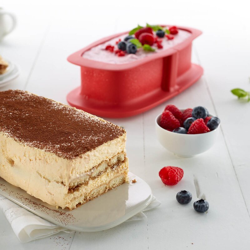 Lékué Springform rektangulær i silikon med fat 1,2 L rød/hvit