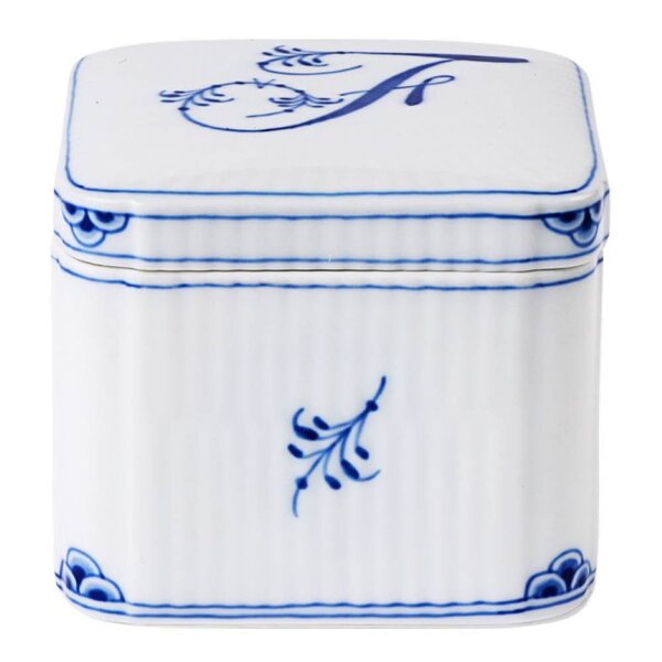 Royal Copenhagen Alphabet Collection firkantet bonbonniere F 13 cl blå/hvit