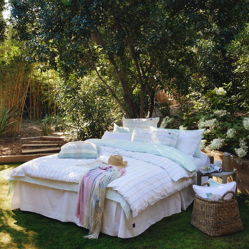 Lexington Sengesett 200x140 cm bomullspercale stripete hvit/blå/beige