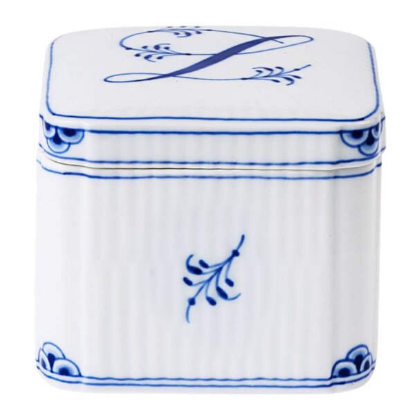 Royal Copenhagen Alphabet Collection firkantet bonbonniere L 13 cl blå/hvit