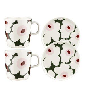 Marimekko Unikko frokostsett 4 deler 40 cl hvit/mørk grønn/rosa