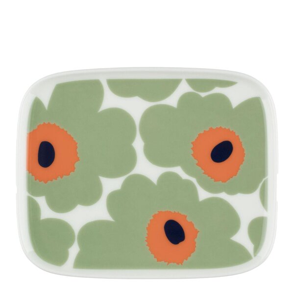 Marimekko Oiva Unikko asjett rektangulær 15x12 cm hvit/sage/oransje/mørkblå