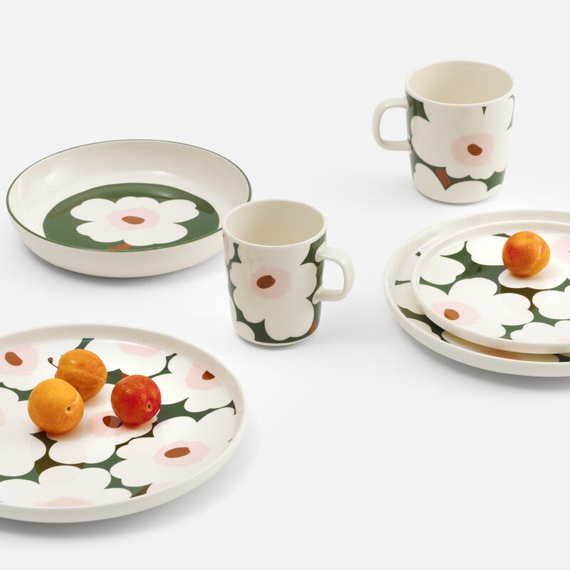 Marimekko Unikko frokostsett 4 deler 40 cl hvit/mørk grønn/rosa