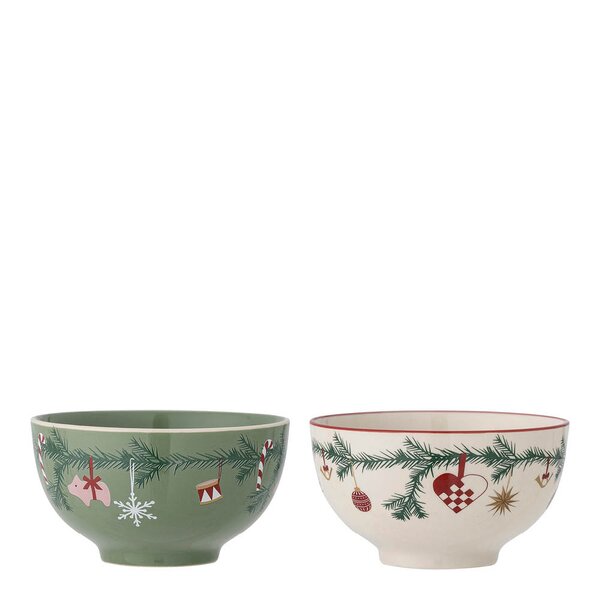 Bloomingville Yule skål 2 stk 50 cl natur/grønn julemotiv